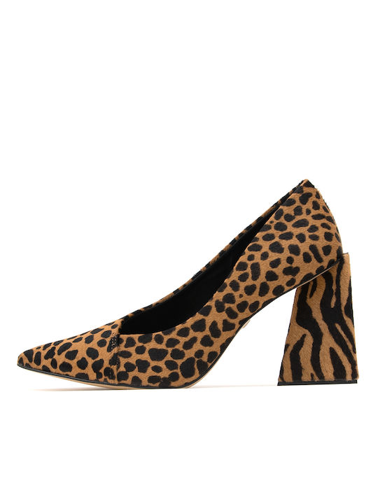 Carrano Leather Pointed Toe Brown High Heels Animal Print