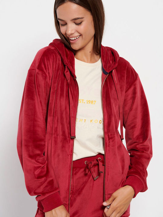 Funky Buddha Women's Hooded Velvet Cardigan Red