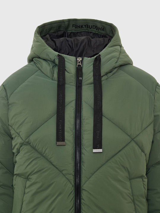 Women's Short Puffer Jacket for Winter with Hood Green