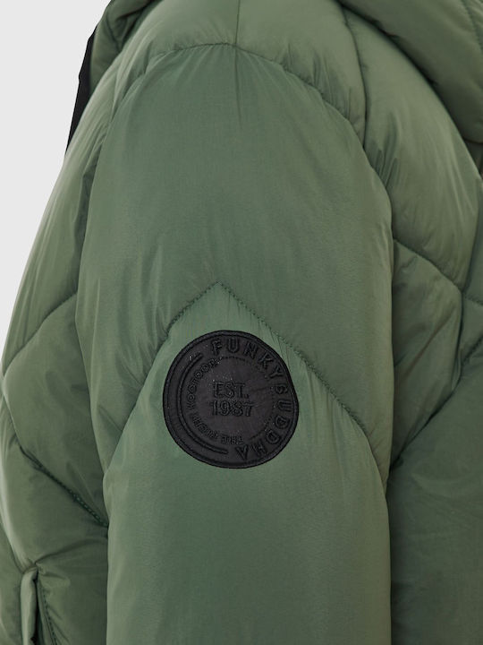 Women's Short Puffer Jacket for Winter with Hood Green