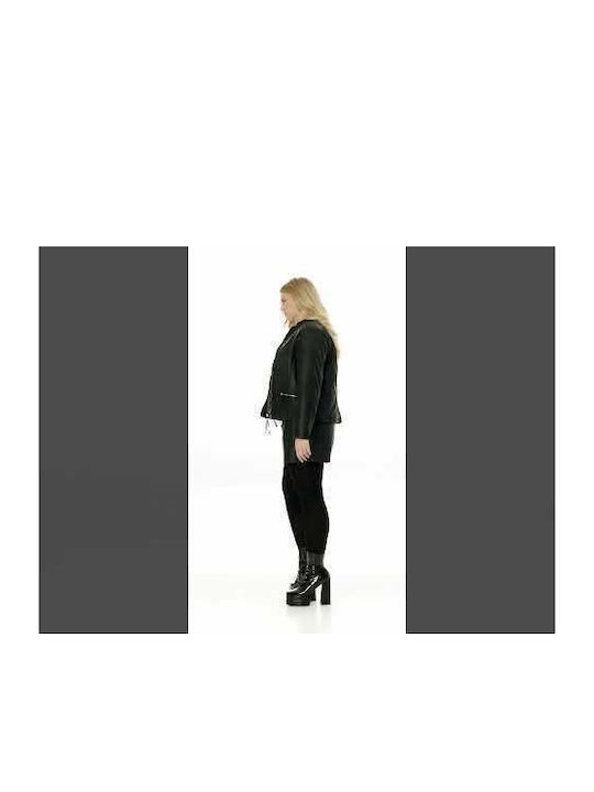 Mat Fashion Women's Short Biker Artificial Leather Jacket for Spring or Autumn Black