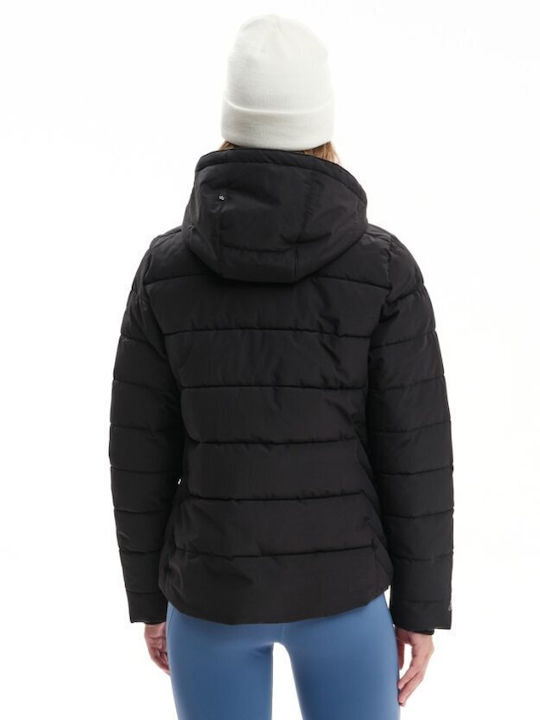 Women's Short Puffer Jacket Waterproof and Windproof for Winter with Detachable Hood Black