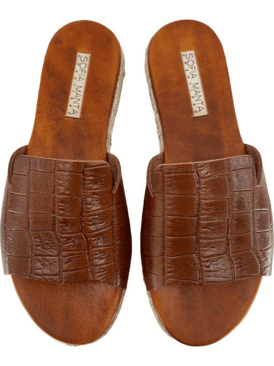 Leather Women's Flat Sandals in Tabac Brown Color