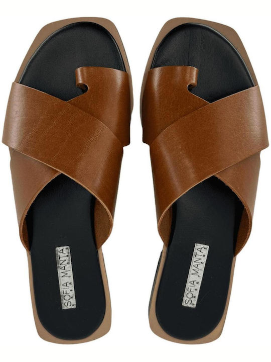 Sofia Manta Leather Women's Flat Sandals in Tabac Brown Color