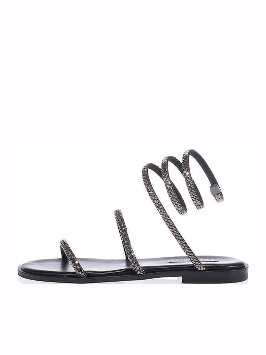 Leather Women's Flat Sandals with Strap in Silver Color