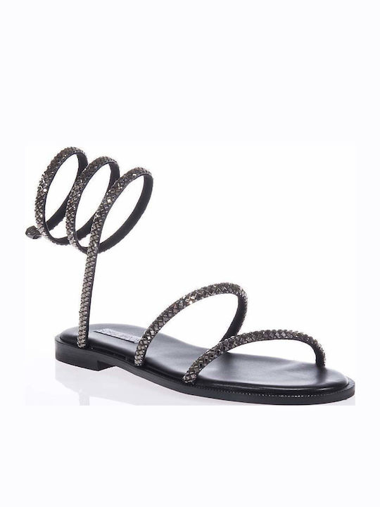 Leather Women's Flat Sandals with Strap in Silver Color