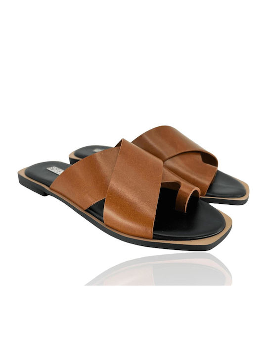 Leder Flache Sandalen für Damen in Tabac Braun Farbe