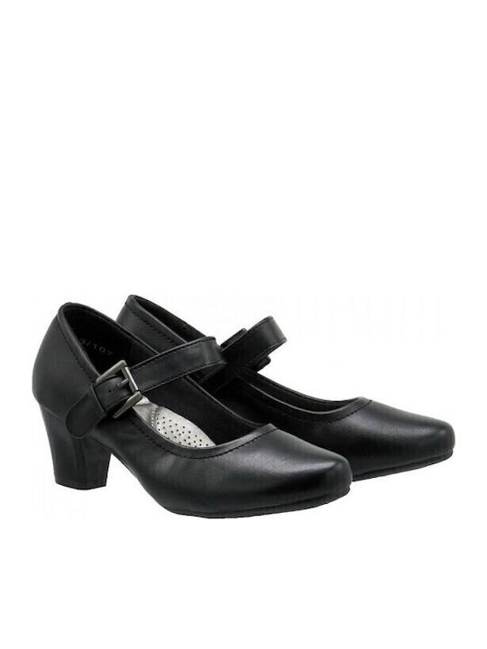 Leder Pumps mit Riemchen & Chunky mittelhoher Absatz Schwarz