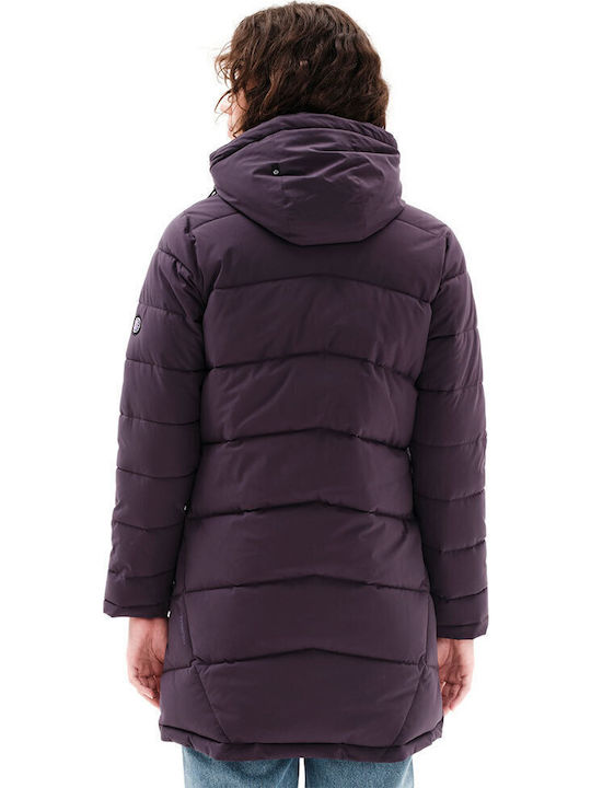 Women's Short Puffer Jacket Waterproof and Windproof for Winter with Hood Purple
