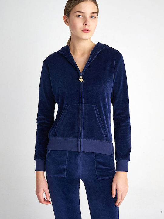 SugarFree Women's Hooded Velvet Cardigan Blue