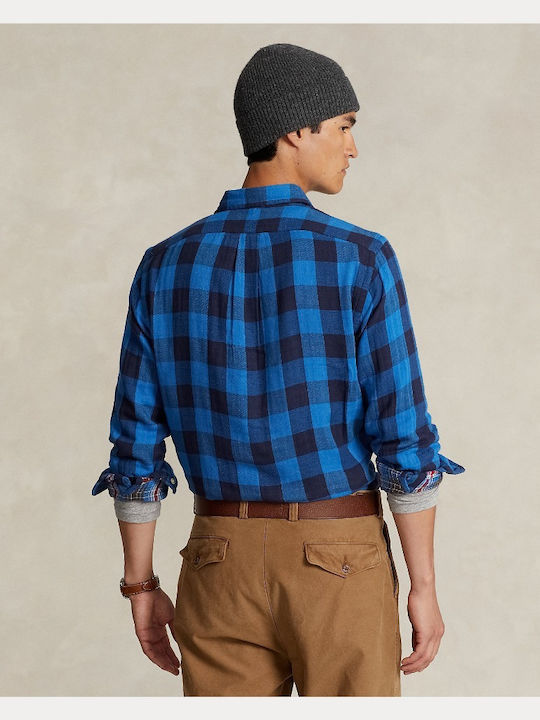 Long-sleeved Flannel Shirt Checked Blue