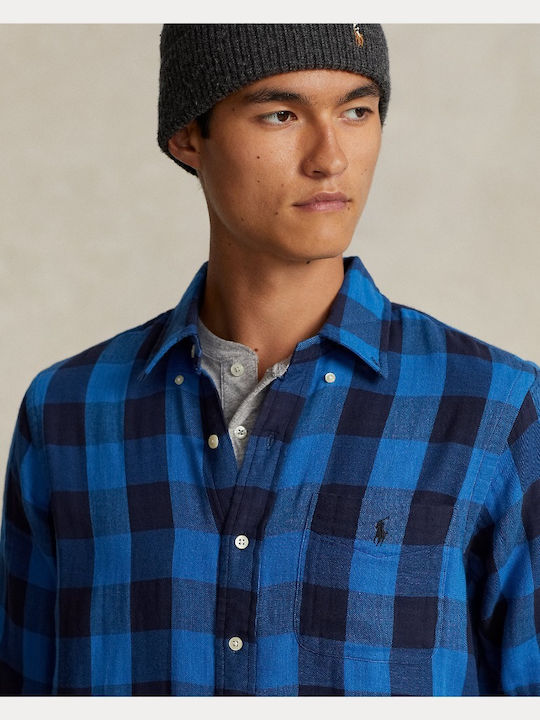 Long-sleeved Flannel Shirt Checked Blue