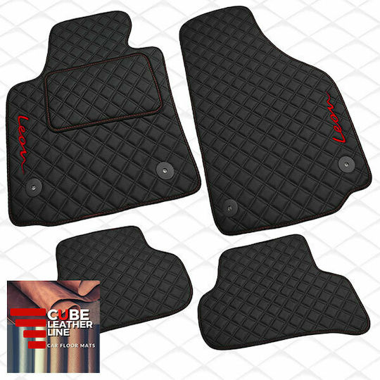 Seat Leon 2005-2012 Πατακια Τεχνοδερμα Cube Μαυρο Me Κοκκινο Κεντημα Leon Σετ 4τμχ