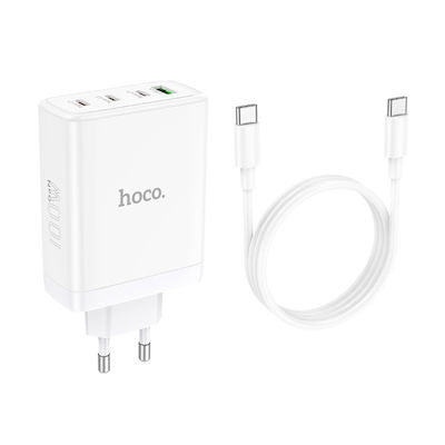 Hoco Φορτιστής με Θύρα USB-A και 3 Θύρες USB-C και Καλώδιο USB-C 100W Power Delivery / Quick Charge 3.0 Λευκός (N31 Leader)