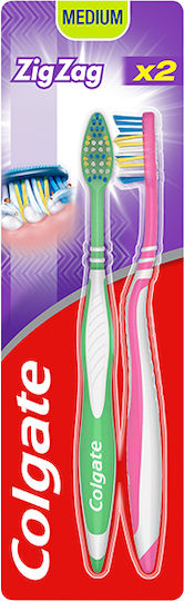 Colgate Zig Zag Οδοντόβουρτσα Medium Ροζ-Πράσινο 2τμχ