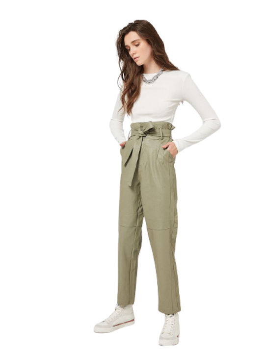 Women's High-waisted Fabric Trousers Paperbag Fit Green