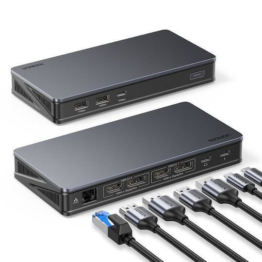 Ugreen CM615 USB-C Docking Station με HDMI/DisplayPort 4K PD Ethernet και σύνδεση 2 Οθονών Μαύρο