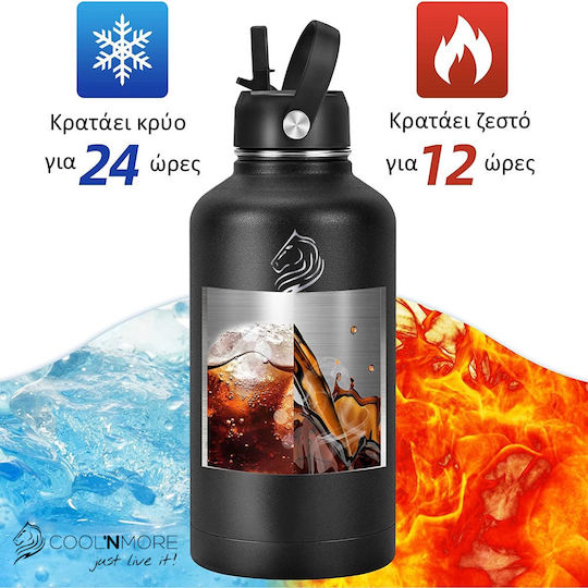 Cool'NMore Jet Stainless Steel Thermos Bottle BPA Free 2lt Jet Black with Handle Straw Loop and Mouthpiece