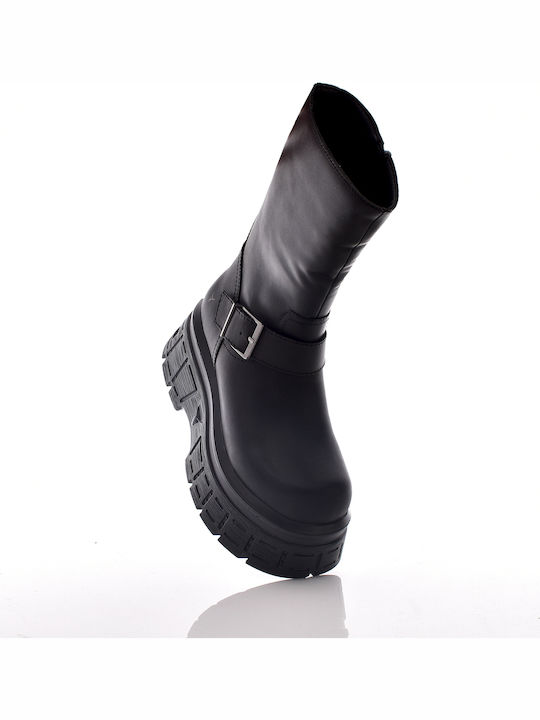 Seek Leather Women's Biker Boots with Medium Heel Black
