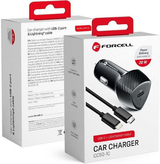 Forcell Auto-Ladegerät 20W Schnellladen mit einer Buchse 1xType-C zusammen mit Lightning / Type-C Kabel Schwarz