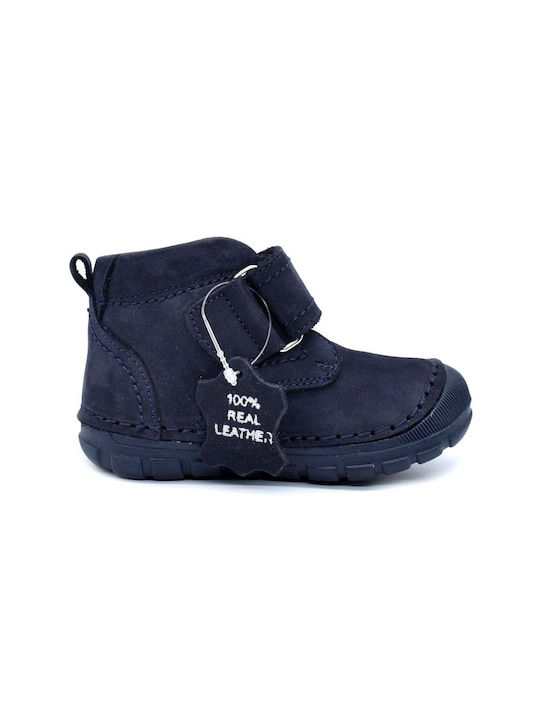 Bibelot Kids Leather Anatomic Boots with Hoop & Loop Closure Navy Blue