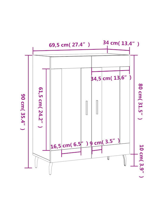 vidaXL Wohnzimmer Vitrine aus Holz & Metall mit Verglasung Braune 69.5x34x90cm