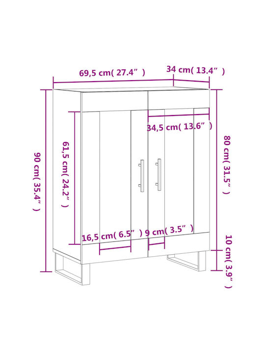 Floor-standing Living Room Display Cabinet made of Wood & Metal with Glass Brown 69.5x34x90cm