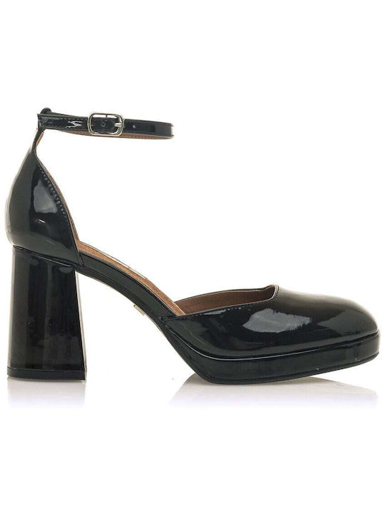 Maria Mare cu platformă Patent Leather Women's Sandals cu curea la gleznă Black with High Heel