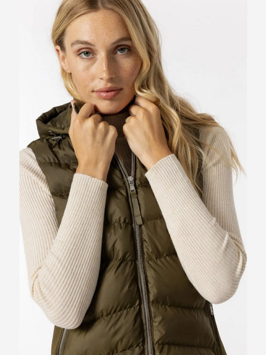 Women's Short Puffer Jacket for Spring or Autumn with Hood Khaki