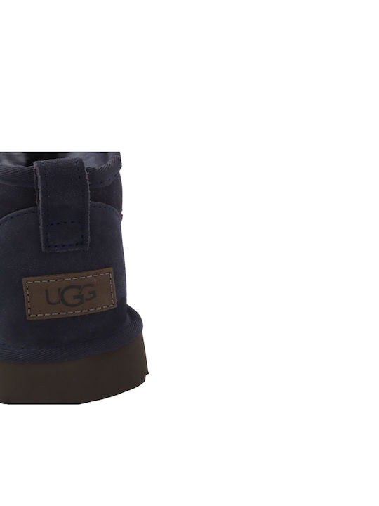Classic Ultra Mini Leather Women's Ankle Boots with Fur Blue