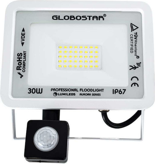 GloboStar Aurora Στεγανός Προβολέας LED 30W Ψυχρό Λευκό 6000K με Αισθητήρα Κίνησης IP67