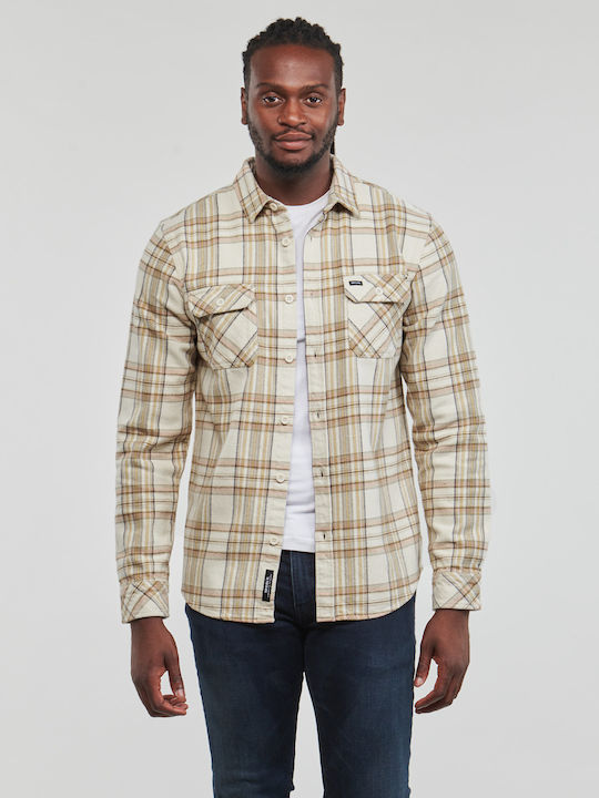 Long-sleeved Flannel Shirt Checked Beige