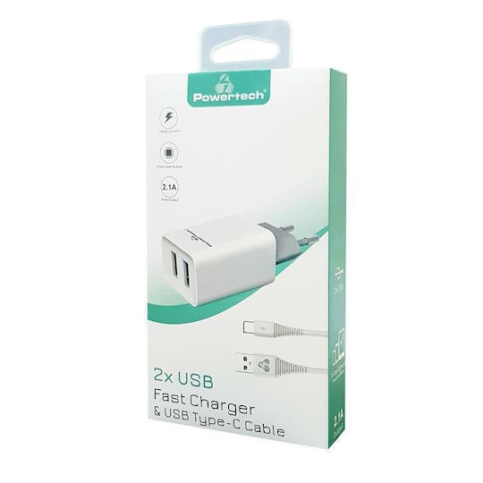 Powertech Ladegerät mit 2 USB-A Anschlüsse und Kabel USB-C Weißs (PT-776)