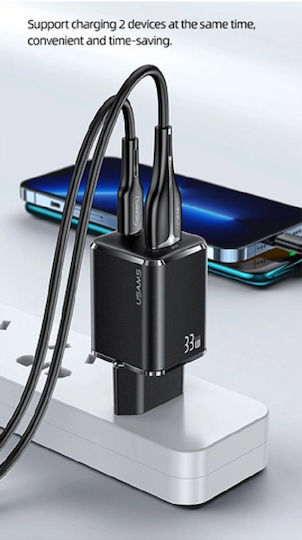 Usams Mobile Phone Charger with USB-A and USB-C Output Ports and USB-C - Lightning Cable 33W Power Delivery / Quick Charge 3.0 Black