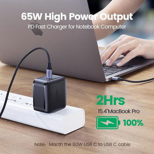 Ugreen Ladegerät ohne Kabel GaN mit USB-C Anschluss 65W Stromlieferung / Schnellaufladung 2.0 / Schnellaufladung 3.0 / Schnell-Ladung 4+ / Schnellaufladung 4.0 Schwarzs (CD217)