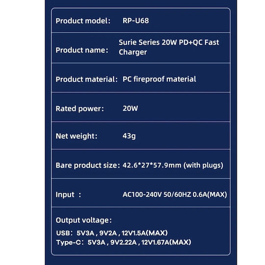 Remax Φορτιστής Χωρίς Καλώδιο με Θύρα USB-A και Θύρα USB-C 20W Power Delivery Λευκός (RP-U68)
