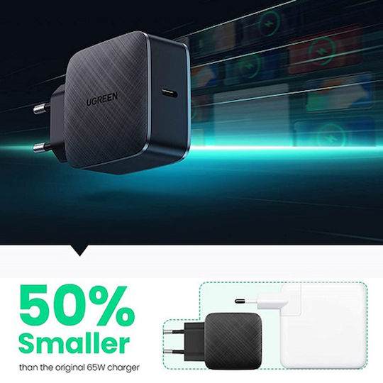 Ugreen Ladegerät ohne Kabel GaN mit USB-C Anschluss 65W Stromlieferung / Schnellaufladung 2.0 / Schnellaufladung 3.0 / Schnell-Ladung 4+ / Schnellaufladung 4.0 Schwarzs (CD217)
