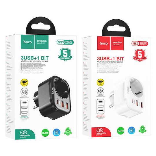 Hoco Charger Without Cable with 2 USB-A Ports and USB-C Port 20W Power Delivery / Quick Charge 3.0 Blacks (NS3)