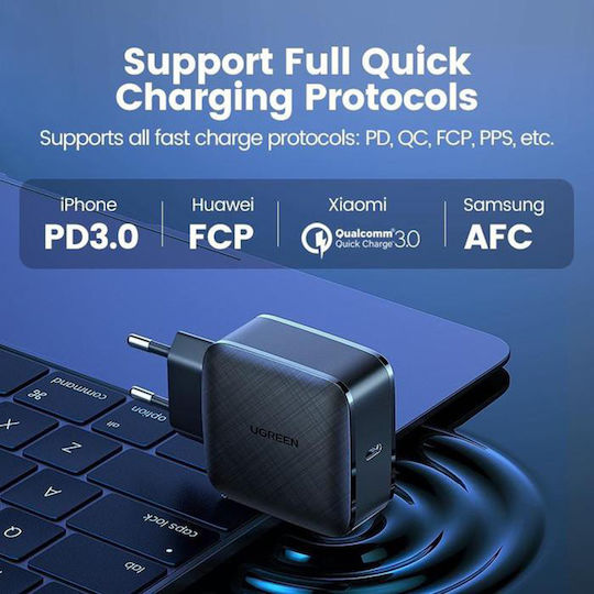 Ugreen Ladegerät ohne Kabel GaN mit USB-C Anschluss 65W Stromlieferung / Schnellaufladung 2.0 / Schnellaufladung 3.0 / Schnell-Ladung 4+ / Schnellaufladung 4.0 Schwarzs (CD217)