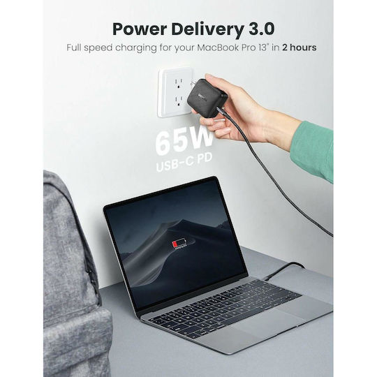 Ugreen Ladegerät ohne Kabel GaN mit USB-C Anschluss 65W Stromlieferung / Schnellaufladung 2.0 / Schnellaufladung 3.0 / Schnell-Ladung 4+ / Schnellaufladung 4.0 Schwarzs (CD217)