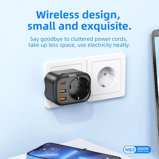 Hoco Charger Without Cable with 2 USB-A Ports and USB-C Port 20W Power Delivery / Quick Charge 3.0 Blacks (NS3)