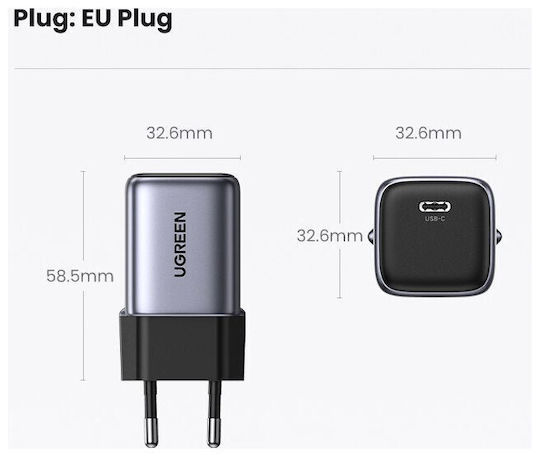 Ugreen Charger Without Cable GaN with USB-C Port 30W Power Delivery Space Gray (Nexode)