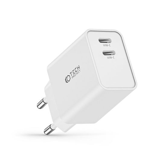 Tech-Protect Charger Without Cable with 2 USB-C Ports 35W Power Delivery Whites (C35W)