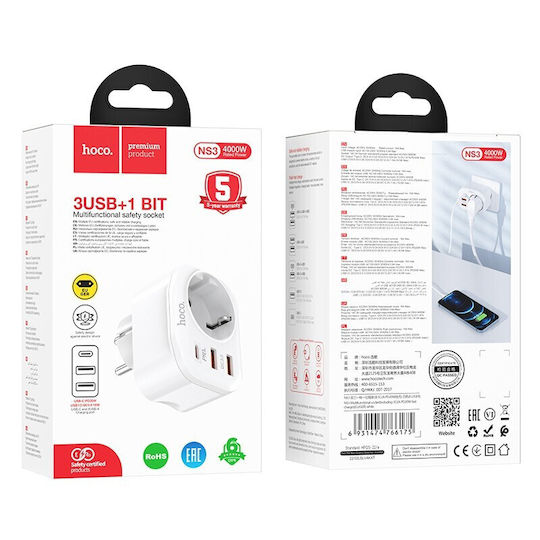 Hoco Φορτιστής Χωρίς Καλώδιο με 2 Θύρες USB-A και Θύρα USB-C 20W Power Delivery / Quick Charge 3.0 Λευκός (NS3)