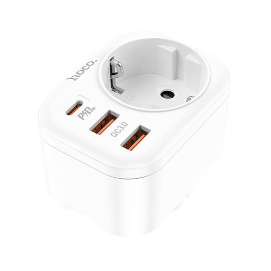 Hoco Φορτιστής Χωρίς Καλώδιο με 2 Θύρες USB-A και Θύρα USB-C 20W Power Delivery / Quick Charge 3.0 Λευκός (NS3)