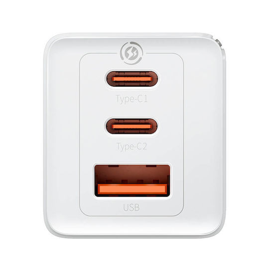 Baseus GaN Charger with USB-A Port and 2 USB-C Ports and USB-C - USB-C Cable 65W Quick Charge 3.0 White (Gan5)