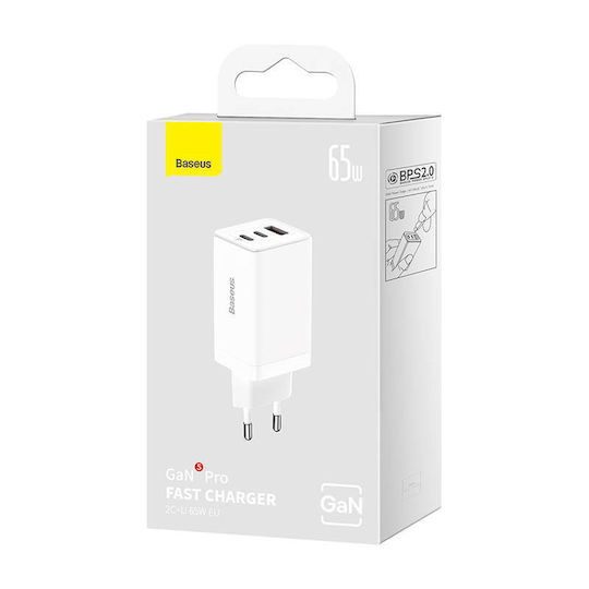 Baseus GaN Charger with USB-A Port and 2 USB-C Ports and USB-C - USB-C Cable 65W Quick Charge 3.0 White (Gan5)