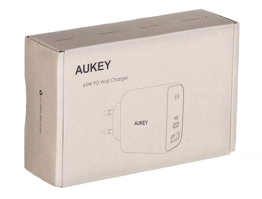 Aukey Φορτιστής Χωρίς Καλώδιο GaN με Θύρα USB-A και Θύρα USB-C 65W Power Delivery Μαύρος (PA-B3)