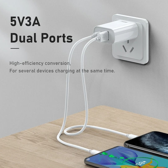 Remax Charger with 2 USB-A Ports and Cable USB-C Whites (RP-U35)