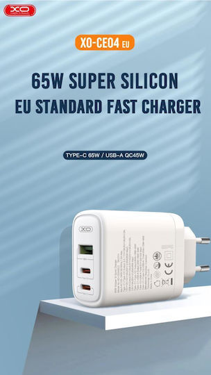 XO Ladegerät ohne Kabel mit USB-A Anschluss und 2 USB-C Anschlüsse 65W Weißs (CE04)
